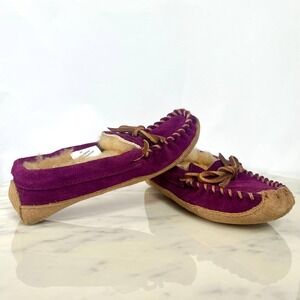 LL Bean Toddlers Wicked Good Moccasins Purple Suede Shearling Slippers Size 10T